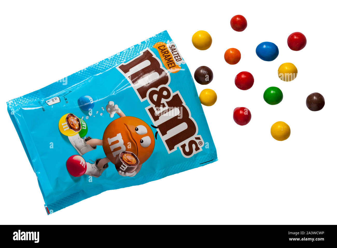 Packet of salted caramel M&Ms sweets candies opened with contents