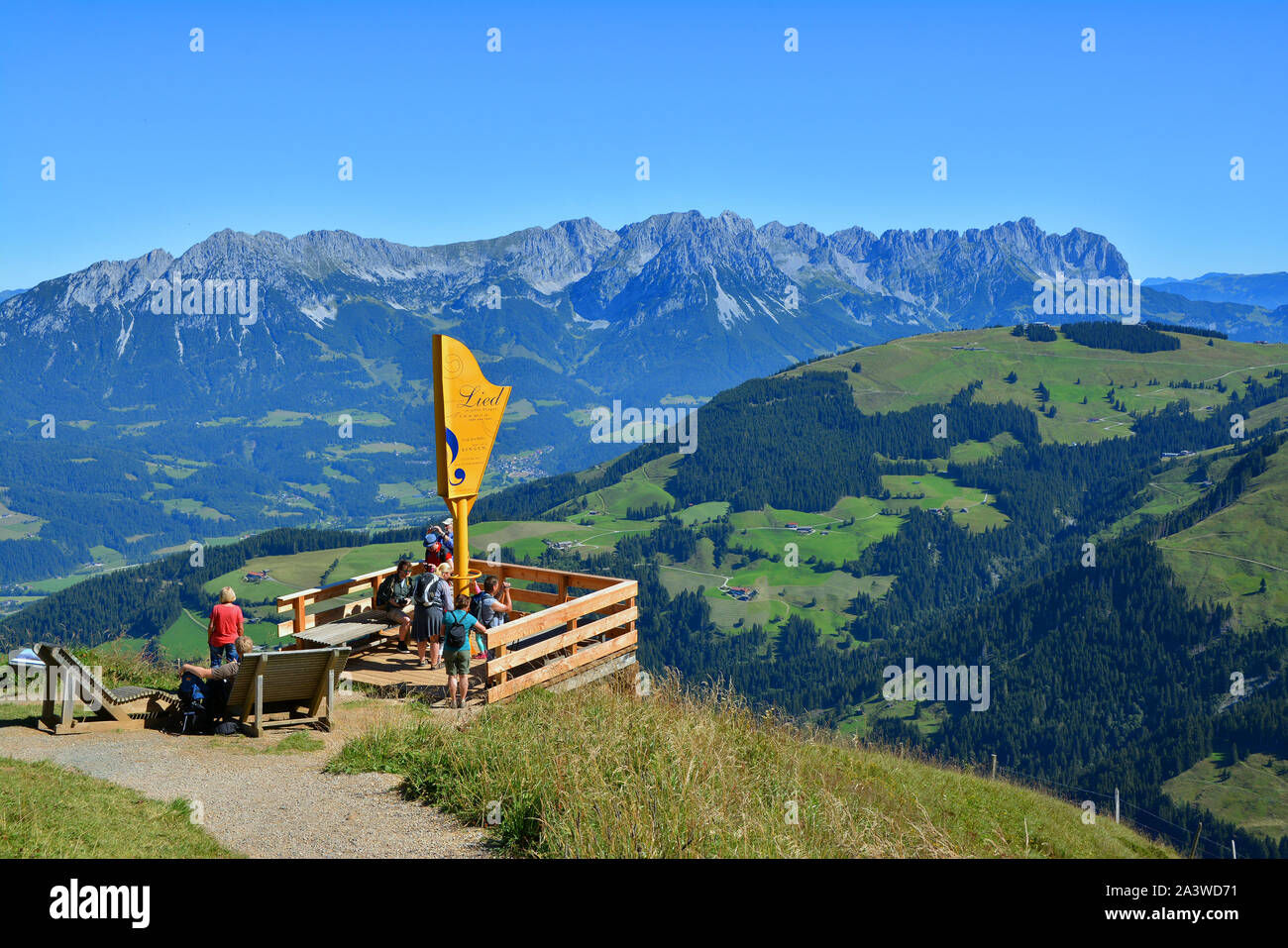 HOCHSOELL, TYROL, AUSTRIA - AUGUST 25, 2016. Overlook platform from Hohe Salve mountain , part of the Kitzbuhel Alps, Austria Stock Photo