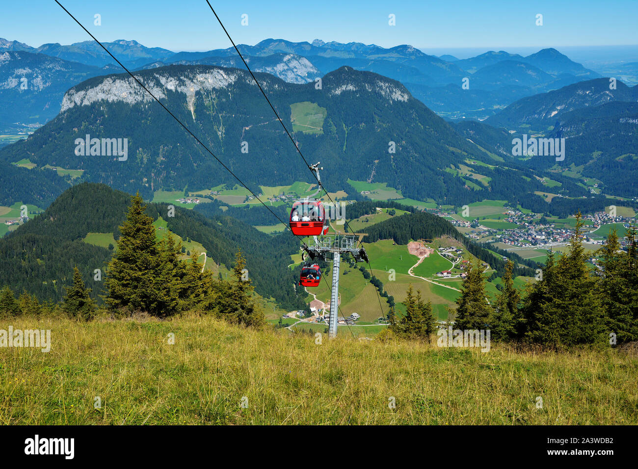 Beautiful landscape with austrian alps mountains and gondola cable lift