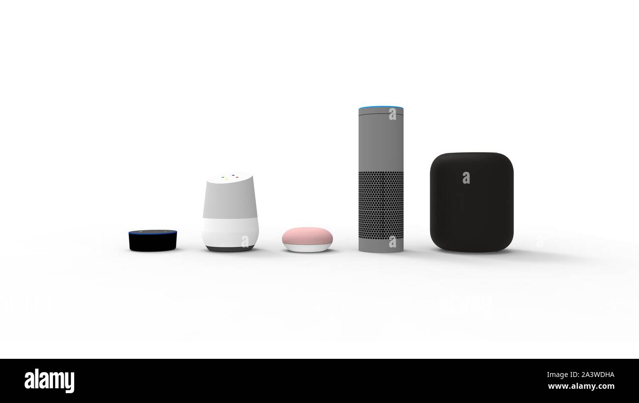 3d rendering of a collection of smart speakers on white background ...