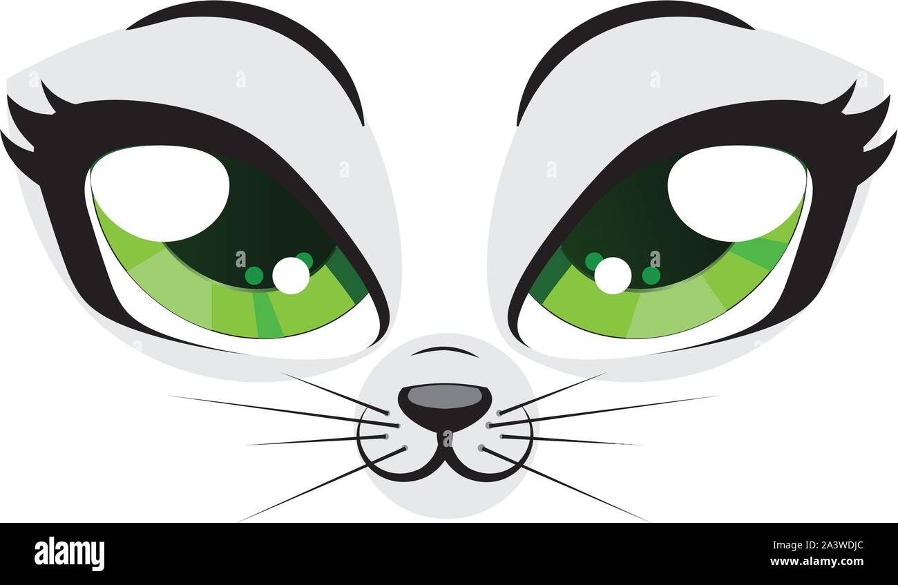 Cute cartoon kitten face with green eyes on white background Stock ...
