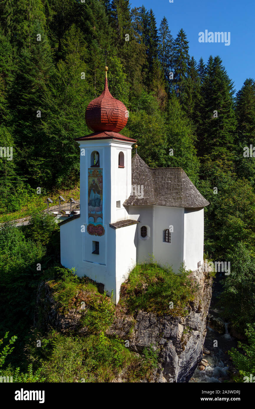 Beautiful small white Saint Mary Church on the rock mountains in Soell ...