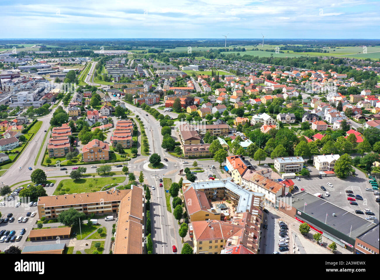 SKARA 20190625Drönarbild över Skara. Skara är en tätort i Västergötland samt centralort i Skara kommun. Aerial view of Skara. Foto Jeppe Gustafsson Stock Photo