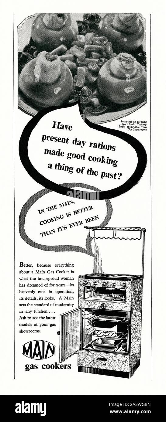 Advert for a Main gas cooker, 1951. The advert makes it clear that in 1951 rationing was very much part of everyday life post World War II. Early gas stoves were rather unwieldy, but soon the oven was integrated into the base and the size was reduced to fit in better with the rest of the kitchen furniture. In the 1910s, producers started to enamel their gas stoves for easier cleaning. Stock Photo