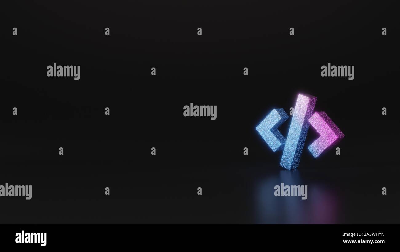 glitter neon violet pink ombre symbol of code tag 3D rendering on black ...