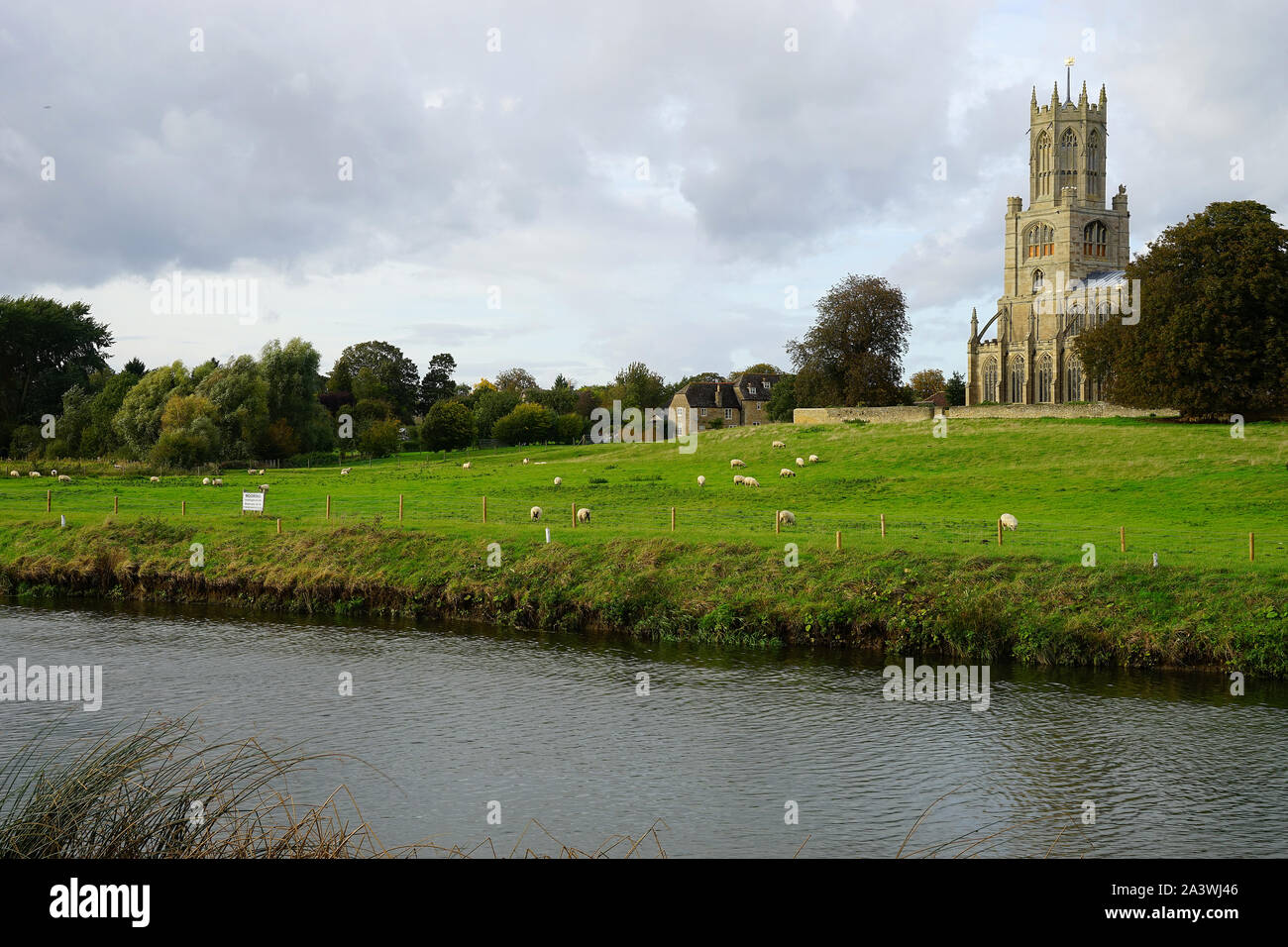 View across the River Nene to the church at Fotheringhay Stock Photo
