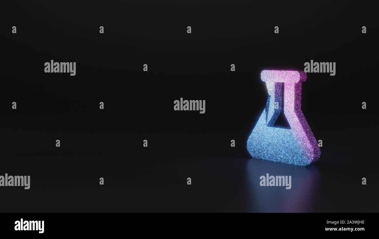 glitter neon violet pink ombre symbol of chemistry flask 3D rendering on black background with blurred reflection with sparkles Stock Photo