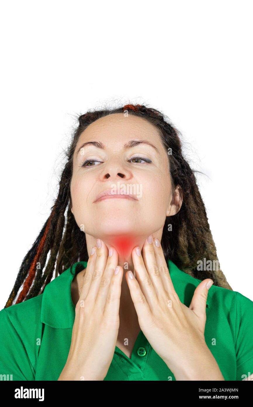 Throat Pain. Closeup Of Sick Woman With Sore Throat Feeling Bad