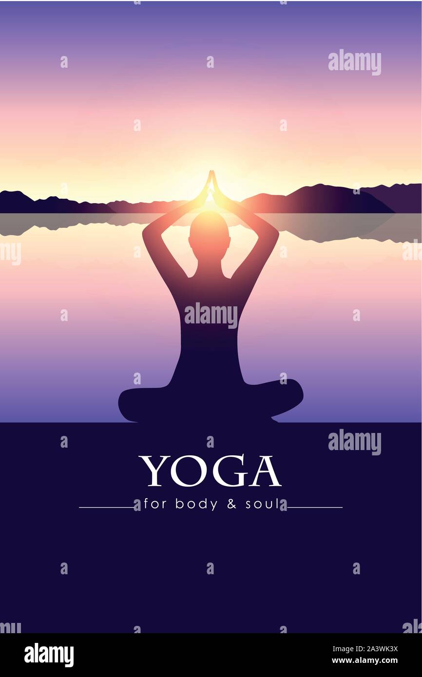 yoga for body and soul meditating person silhouette by the lake with mountain landscape vector illustration EPS10 Stock Vector