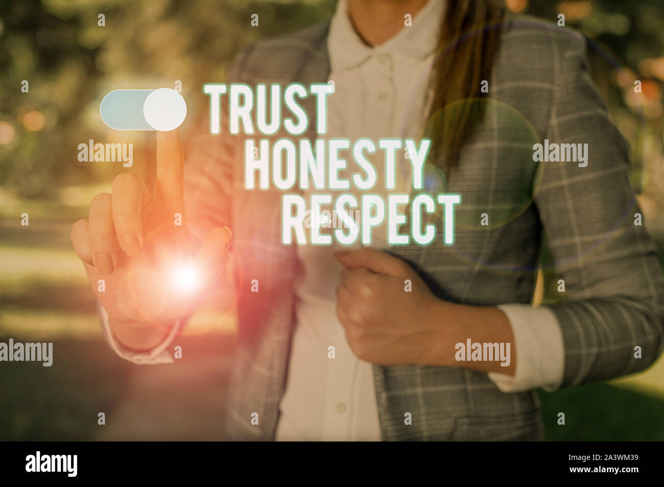 Text sign showing Trust Honesty Respect. Business photo showcasing Respectable Traits a Facet of Good Moral Character Woman wear formal work suit pres Stock Photo