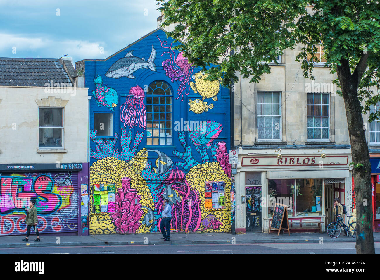 Stokes Croft is a colourful district of Bristol full of street art. Avon. England. UK. Stock Photo