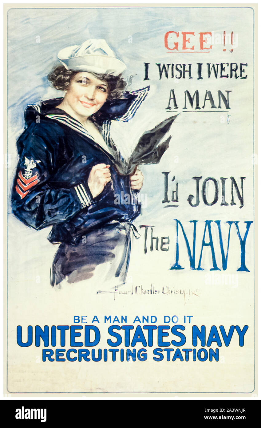 American, US, WW1, Recruitment poster, Gee! I wish I were a man, I'd join the Navy, Be a man do it, United States Navy Recruiting Station, (woman in sailors uniform), 1910-1920 Stock Photo