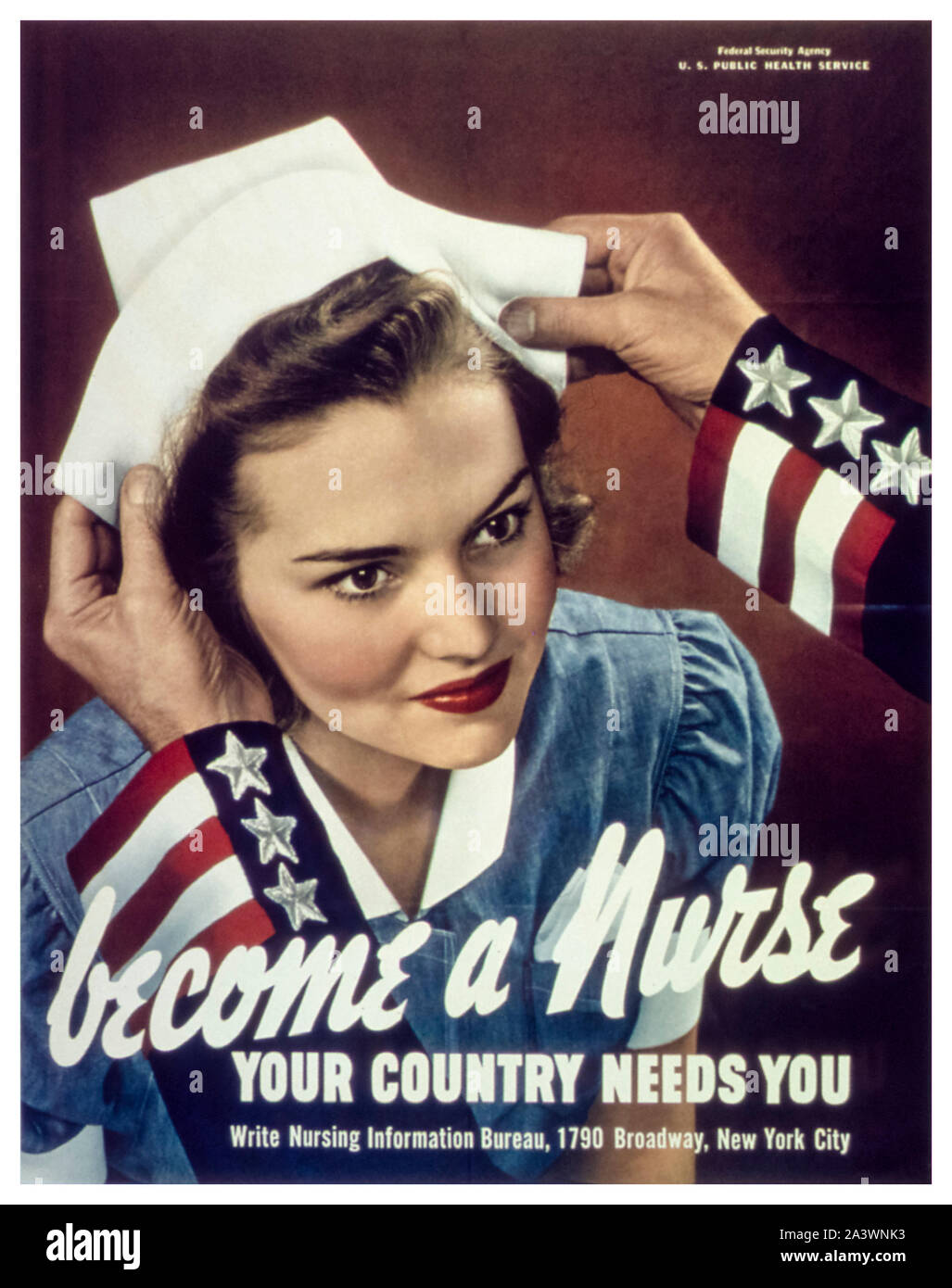 American, US, WW2, Female recruitment poster, Become a Nurse, Your country Needs you, (woman in nurses uniform), 1941-1945 Stock Photo