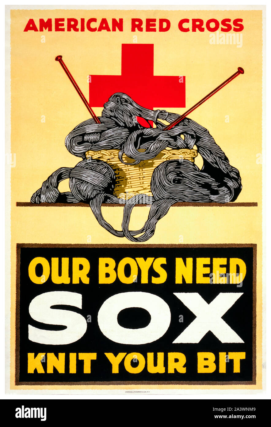 American, US, WW1, War work poster, American Red Cross, Our boys need sox (socks), knit your bit, (knitting basket and wool), 1910-1920 Stock Photo