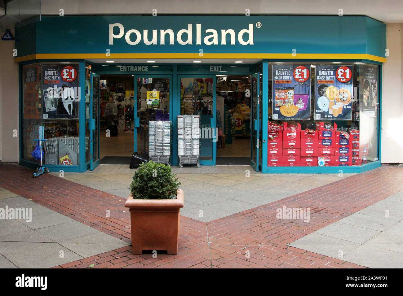 Leatherhead, Surrey, UK - Poundland shop front located in the Swan Centre Leatherhead, 2019 daytime Stock Photo