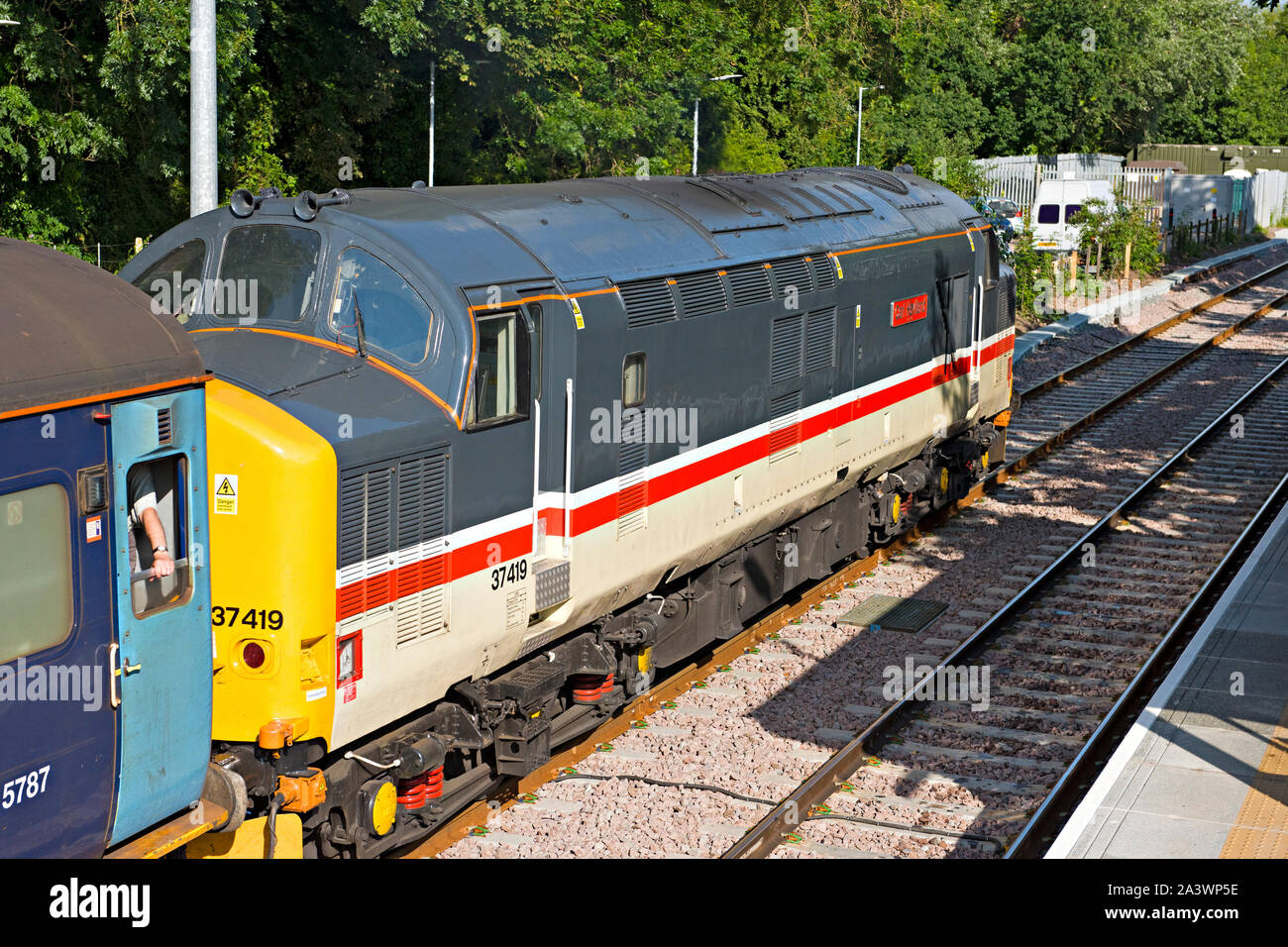 British Railways class 37 diesel locomotive no 37419 on the rear of  a passenger train from Lowestoft on the Wherry Lines in Norfolk, UK Stock Photo