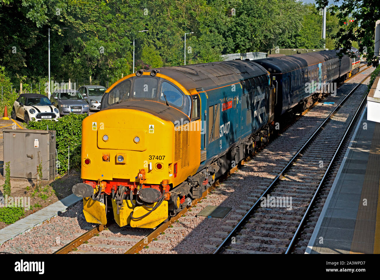 British Railways class 37 diesel locomotive no 37407 approaches Brundall with a passenger train from Lowestoft on the Wherry Lines in Norfolk, UK Stock Photo