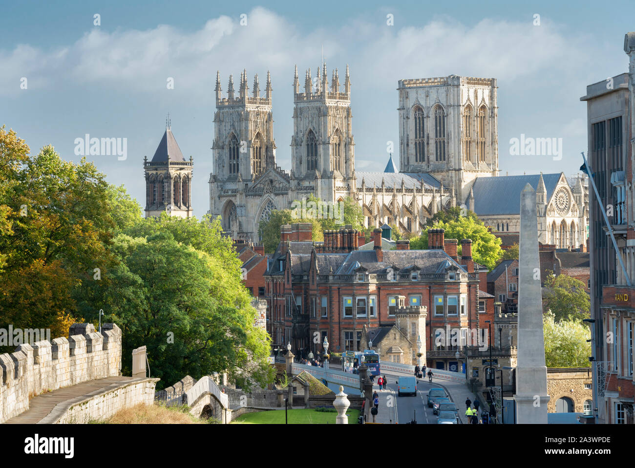 York Minster, Ouse Bridge and the Bar Walls in autumn sunshine, North Yorkshire, England Stock Photo