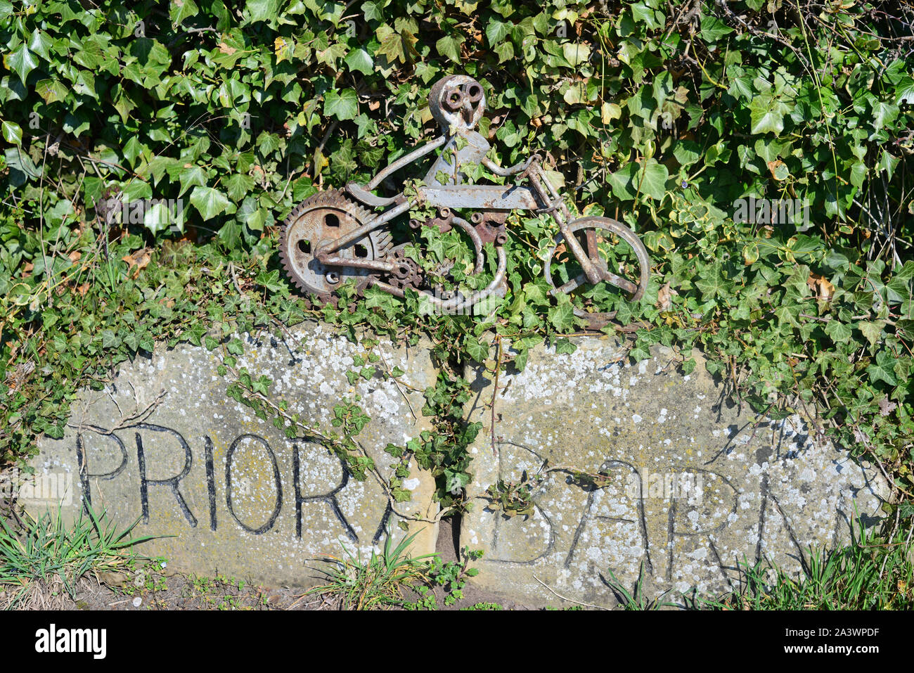 roadside heath robinson style sculpture of figure riding motor bike united kingdom Stock Photo