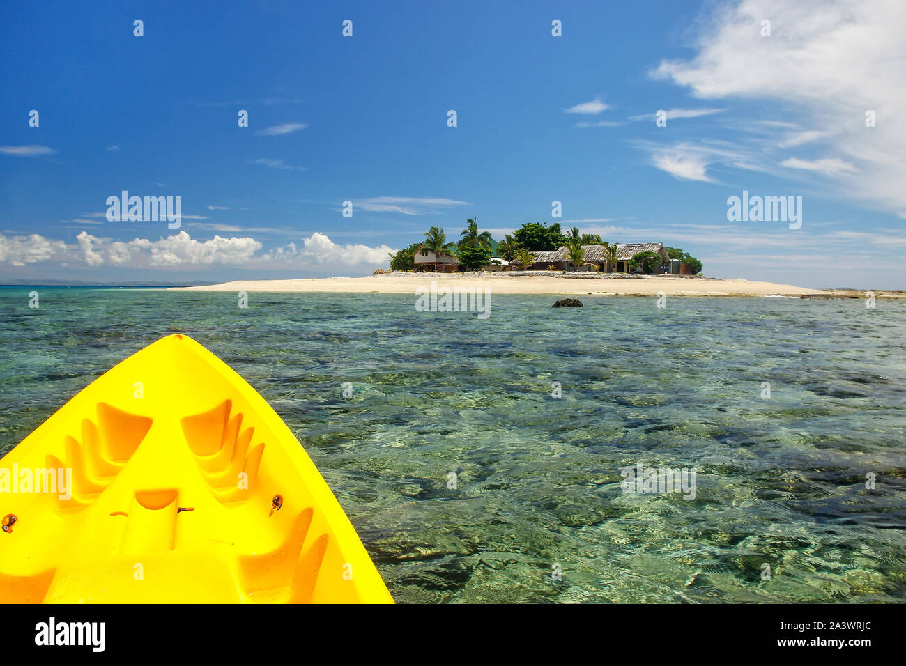 Kayaking near South Sea Island, Mamanuca islands group, Fiji. This group consists of about 20 islands. Stock Photo