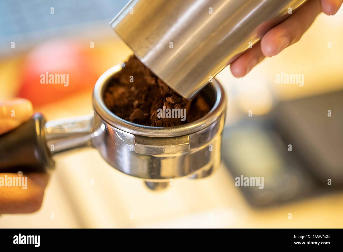 Step by step coffee making part three. Coffee is in group handle or