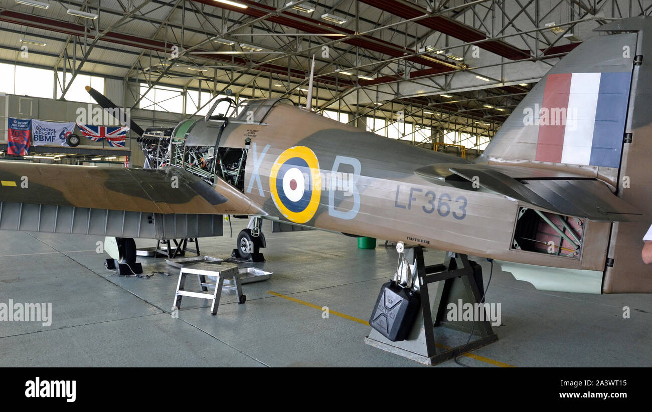 Hurricane LF363 in a hangar at the Battle of Britain Memorial Flight Tour at RAF Coningsby, Lincolnshire, UK Stock Photo
