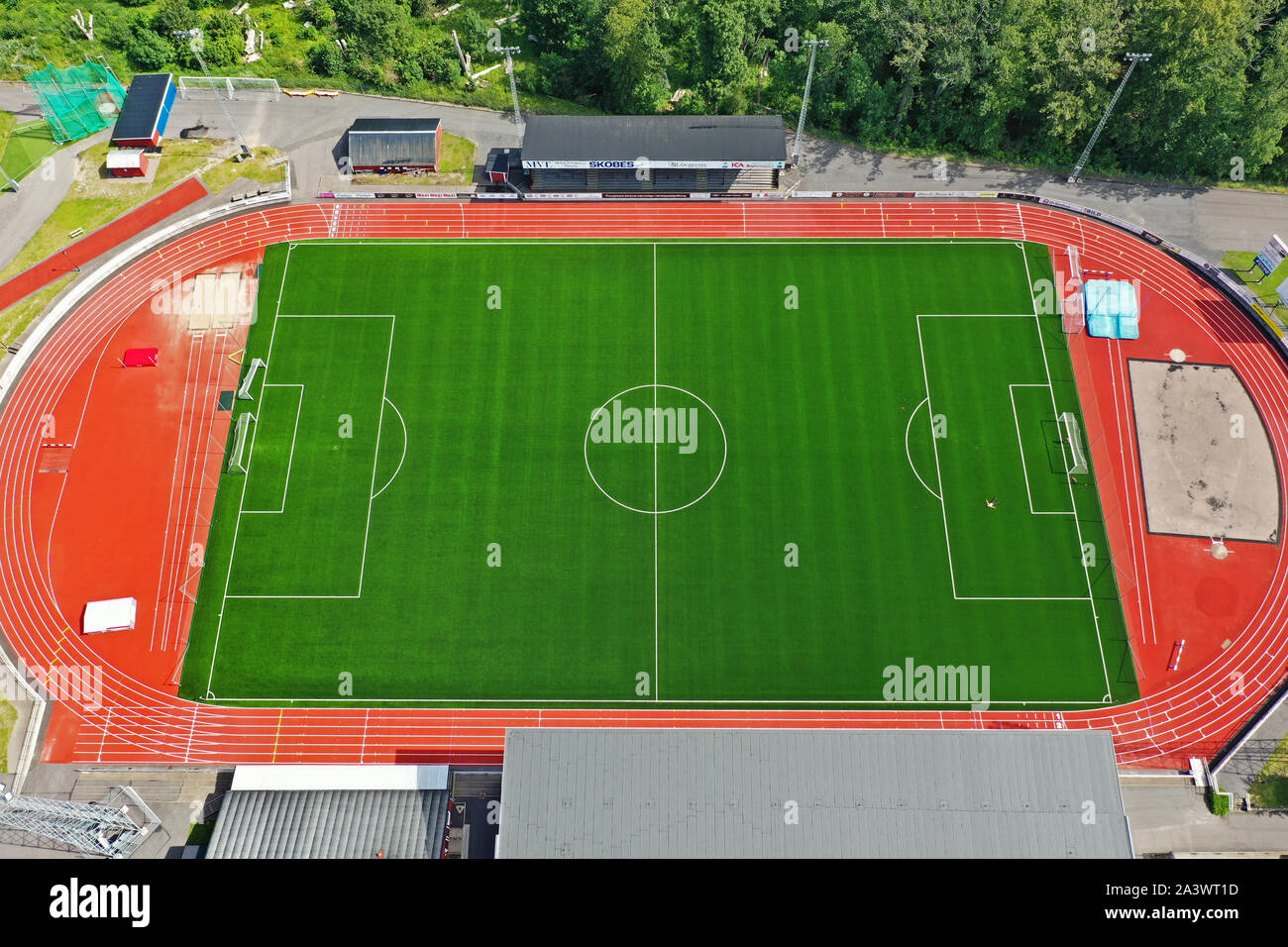 MOTALA 20190712Drönarbild över en fotbollsplan. Foto Jeppe Gustafsson Stock Photo