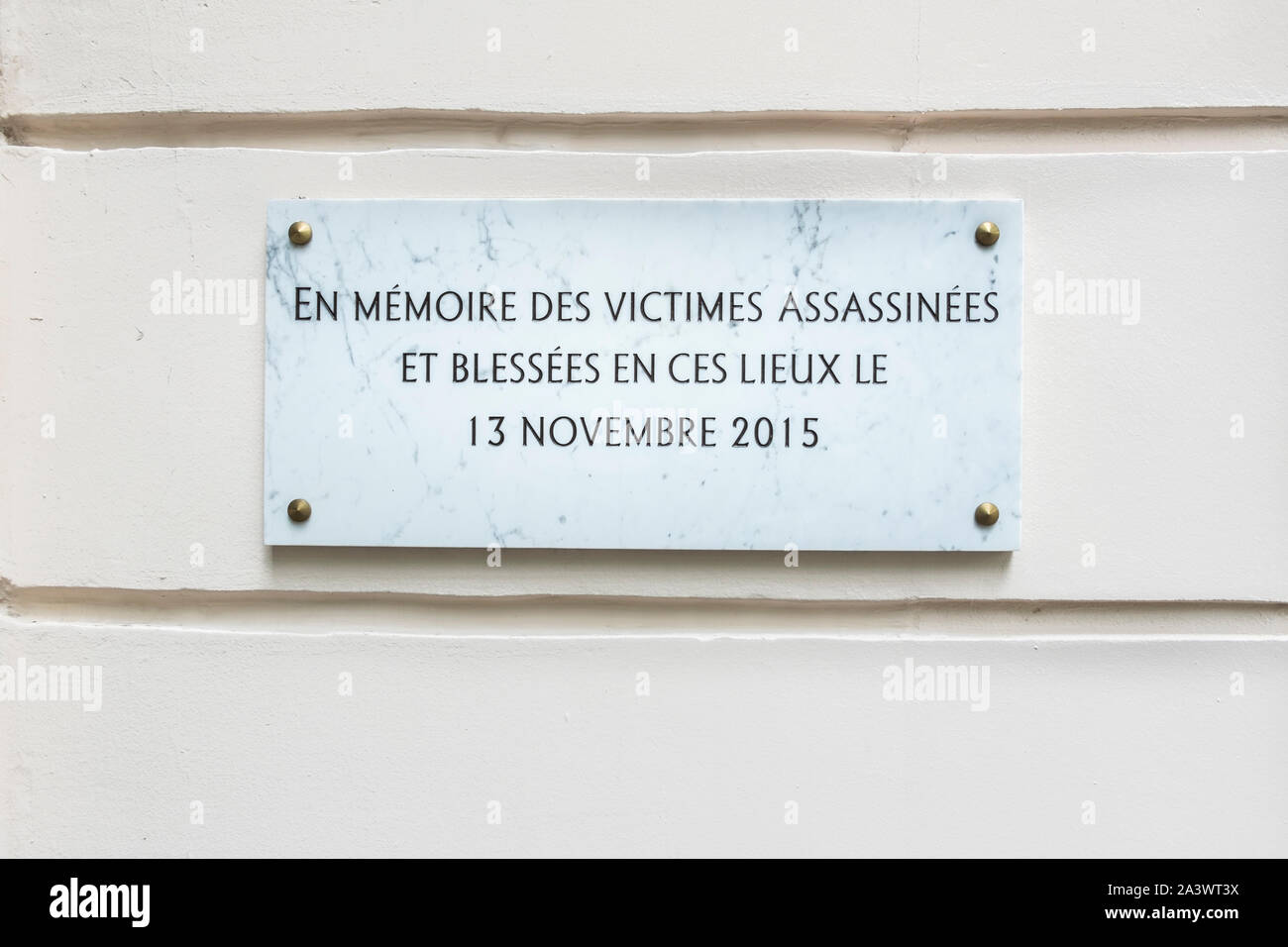 commemorative plaque for the victims of the  terrorist attack on the facade of bataclan theatre Stock Photo