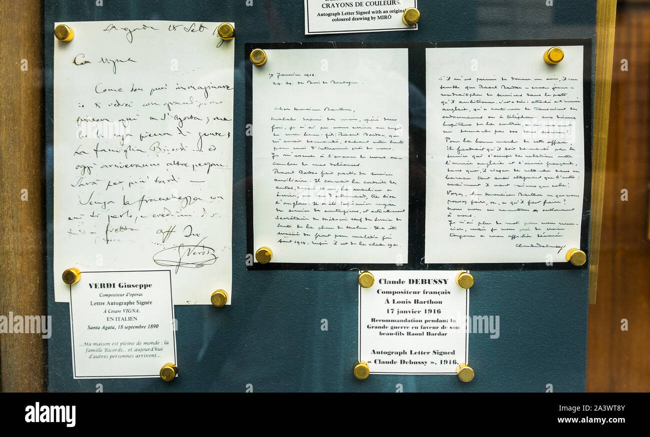 autograph letters by guiseppe verdi and claude debussy for sale Stock Photo