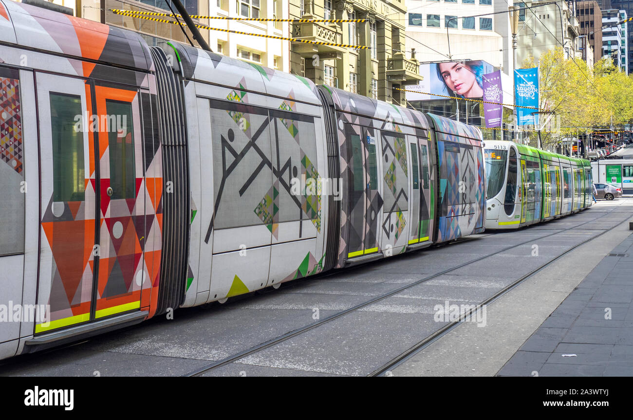 Public transport light rail Yarra Trams in Bourke ST Mall Melbourne Victoria Australia. Stock Photo