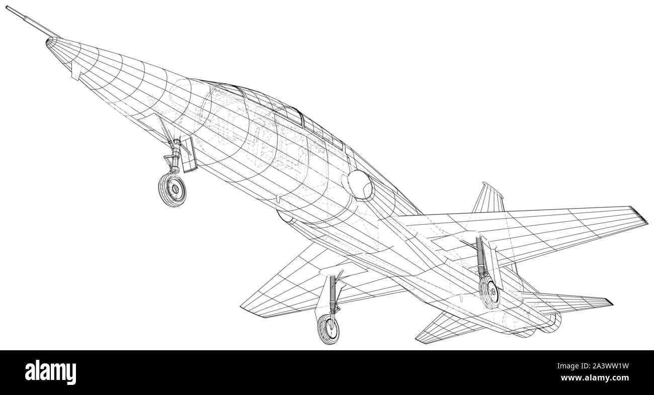 Airplane jet sketch. Vector rendering of 3d. Wireframe style Stock