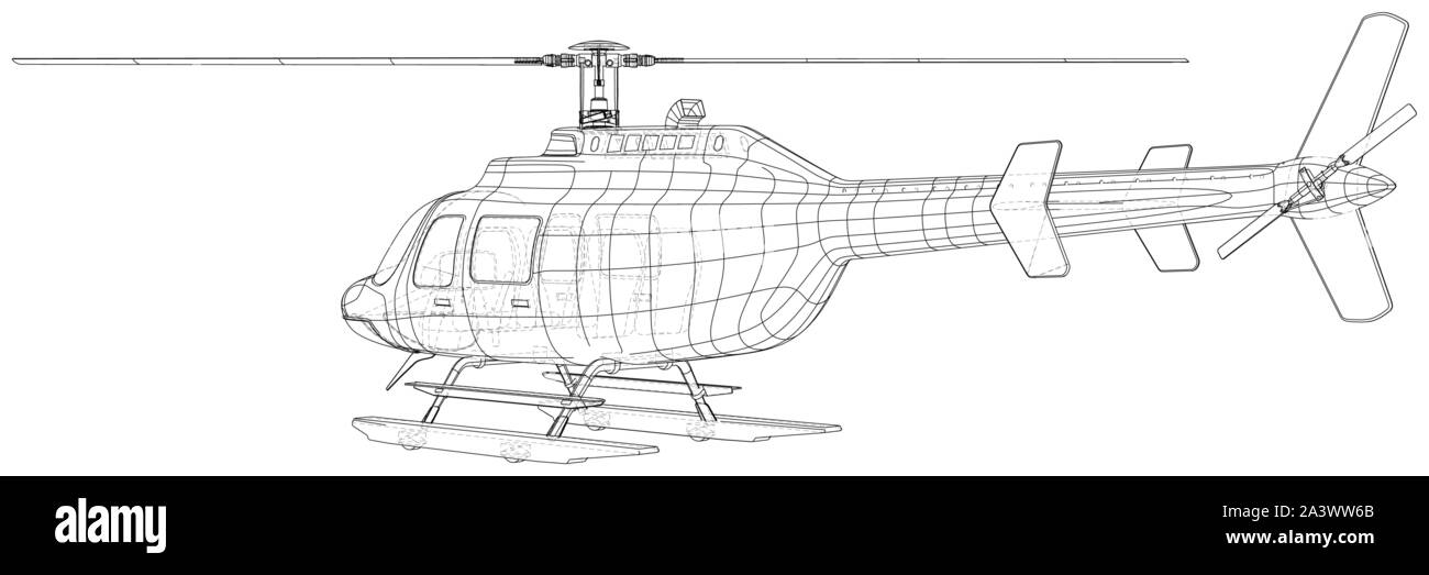 Helicopter. Created illustration of 3d. Wire-frame style. The layers of visible and invisible lines are separated Stock Vector