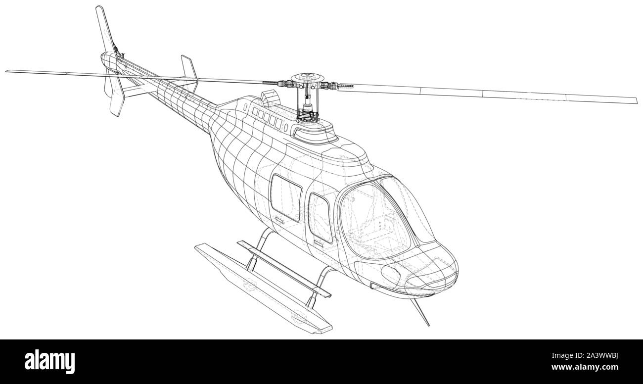 Drawing of helicopter, Vector wireframe concept. Created illustration of 3d. The layers of visible and invisible lines are separated Stock Vector