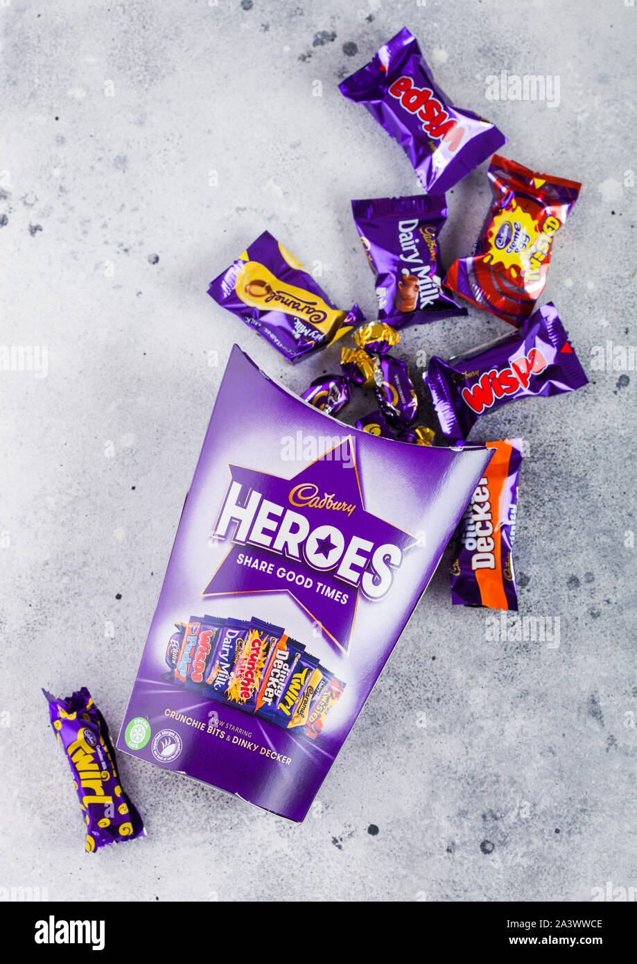LONDON, UK OCTOBER 10, 2019 Opened Gift box of Heroes mix chocolate