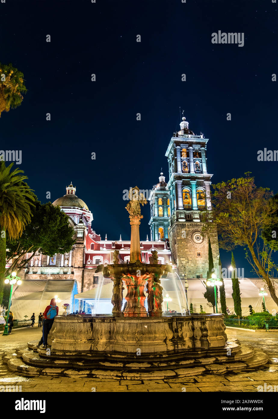 Puebla Cathedral in Mexico at night Stock Photo - Alamy