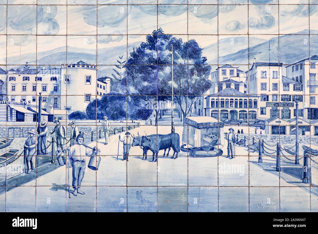 AZULEJOS, ILLUSTRATION OF THE CITY IN THE PAST, FUNCHAL, ISLAND OF MADEIRA, PORTUGAL Stock Photo