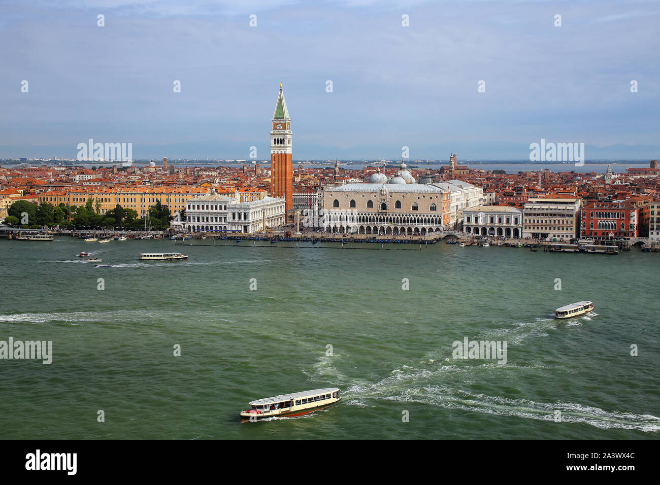 View of Piazza San Marco with Campanile, Palazzo Ducale and Biblioteca in Venice, Italy. IThese buildings are the most recognizable symbols of the cit Stock Photo