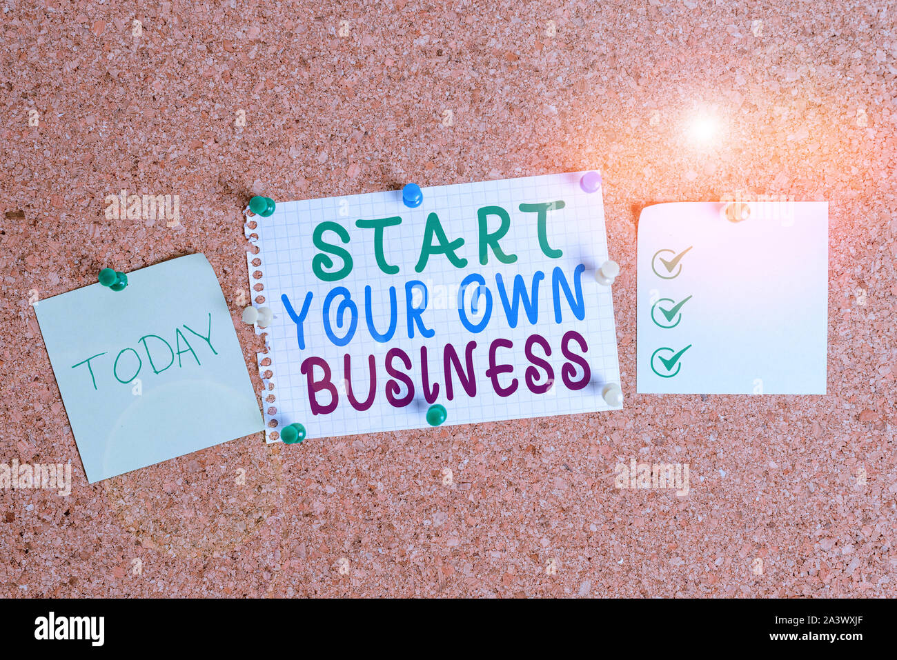 Handwriting text Start Your Own Business. Conceptual photo Entrepreneurial Venture a Startup Enter into Trade Corkboard color size paper pin thumbtack Stock Photo