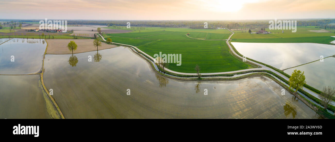 Flooded fields for rice cultivation in the Po Valley, Italy. Panoramic aerial view. Typical countryside landscape of northern Italy with dirt roads, f Stock Photo