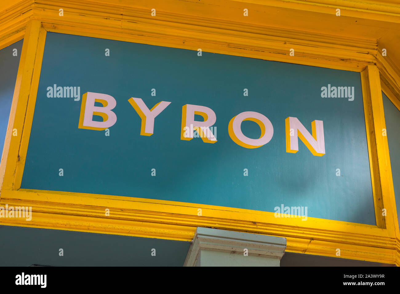 Birmingham, UK - September 20th 2019: The Byron logo above the entrance to one of their hamburger restaurants in the city of Birmingham, UK. Stock Photo