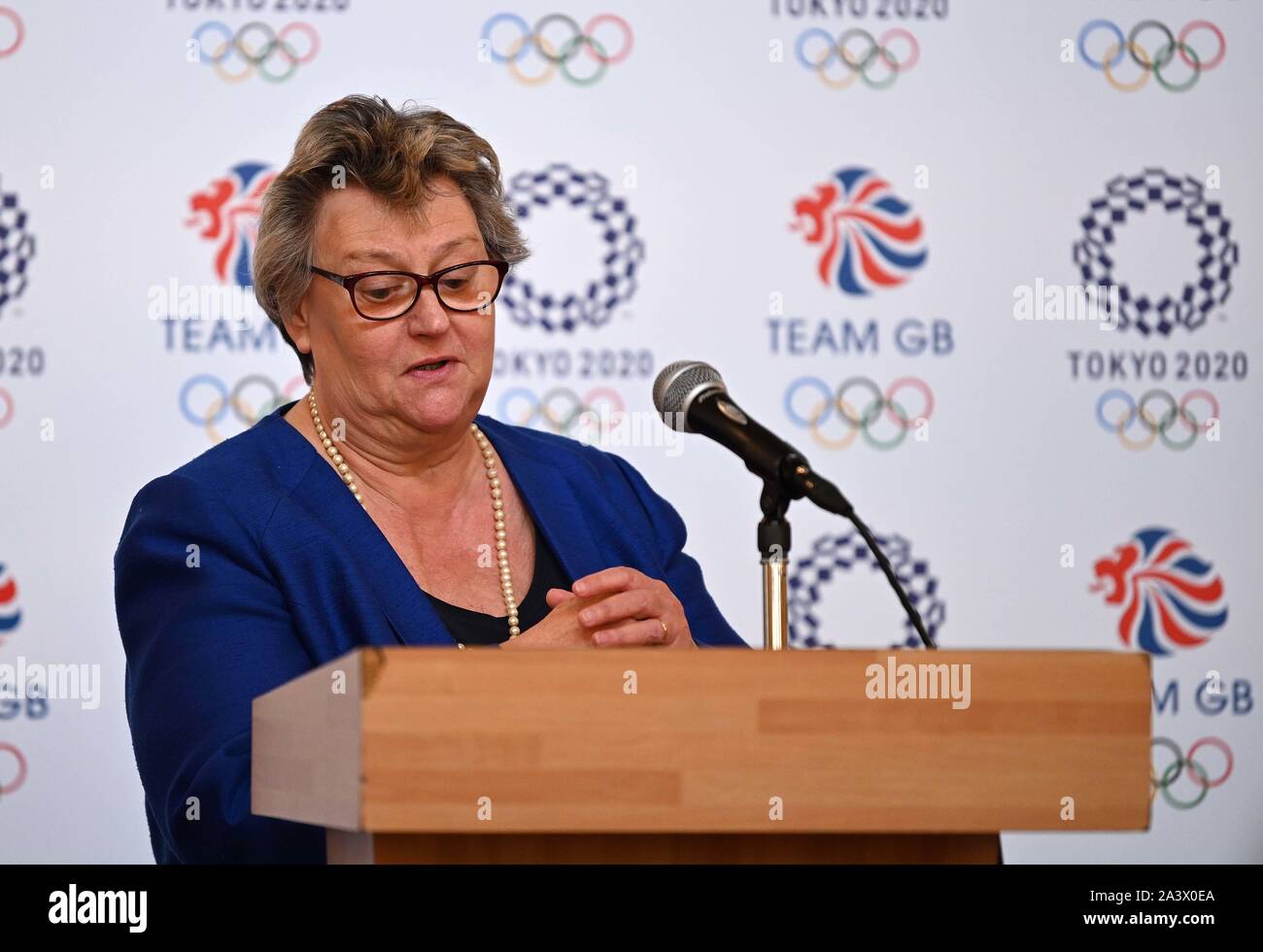 Westminster. United Kingdom. 10 October 2019. Heather Wheeler (MP)addresses the athgletes from the 1964 Tokyo games. TeamGB announce the Canoe athletes for the Tokyo 2020 Olympics. Foreign and Commonwealth Office. Westminster. London. United Kingdom. Credit Garry Bowden/Sport in Pictures/Alamy Live News. Stock Photo