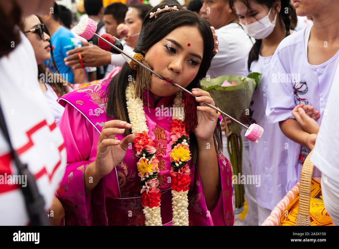 PHUKET, THAILAND - October 5,2019: Taoist worshippers parade through the streets of Phuket during the Phuket Vegetarian Festival in Phuket Town, Thail Stock Photo