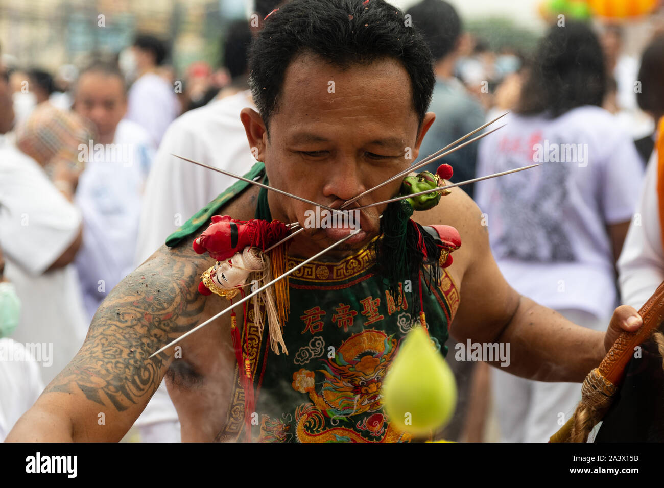 PHUKET, THAILAND - October 5,2019: Taoist worshippers parade through the streets of Phuket during the Phuket Vegetarian Festival in Phuket Town, Thail Stock Photo