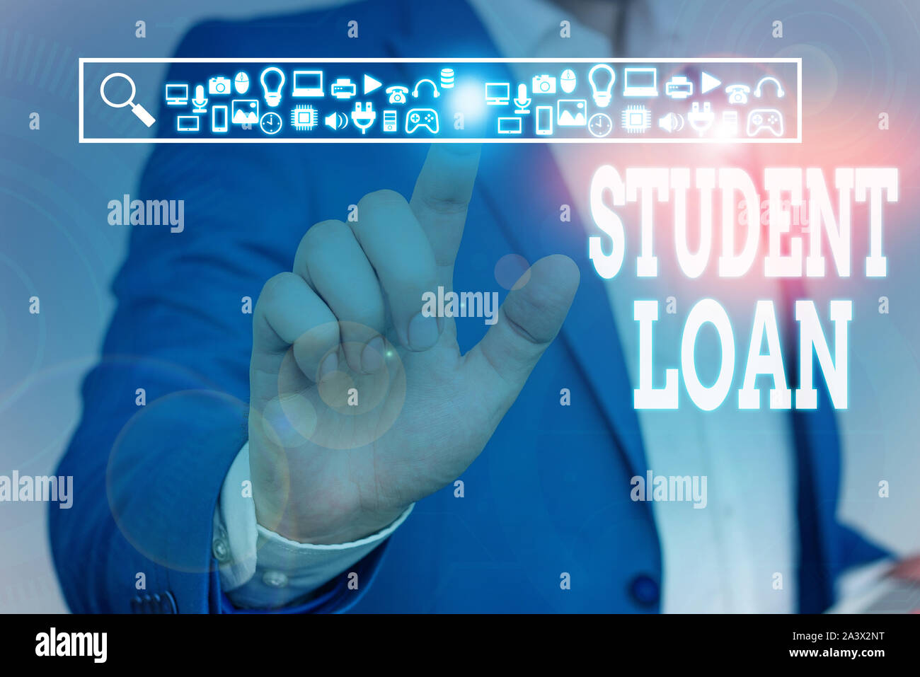 Handwriting text Student Loan. Conceptual photo financial assistance designed to help students pay for school Male human wear formal work suit present Stock Photo