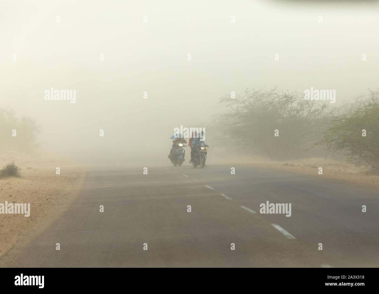 Sand storm on a road, Rajasthan, Jaisalmer, India Stock Photo