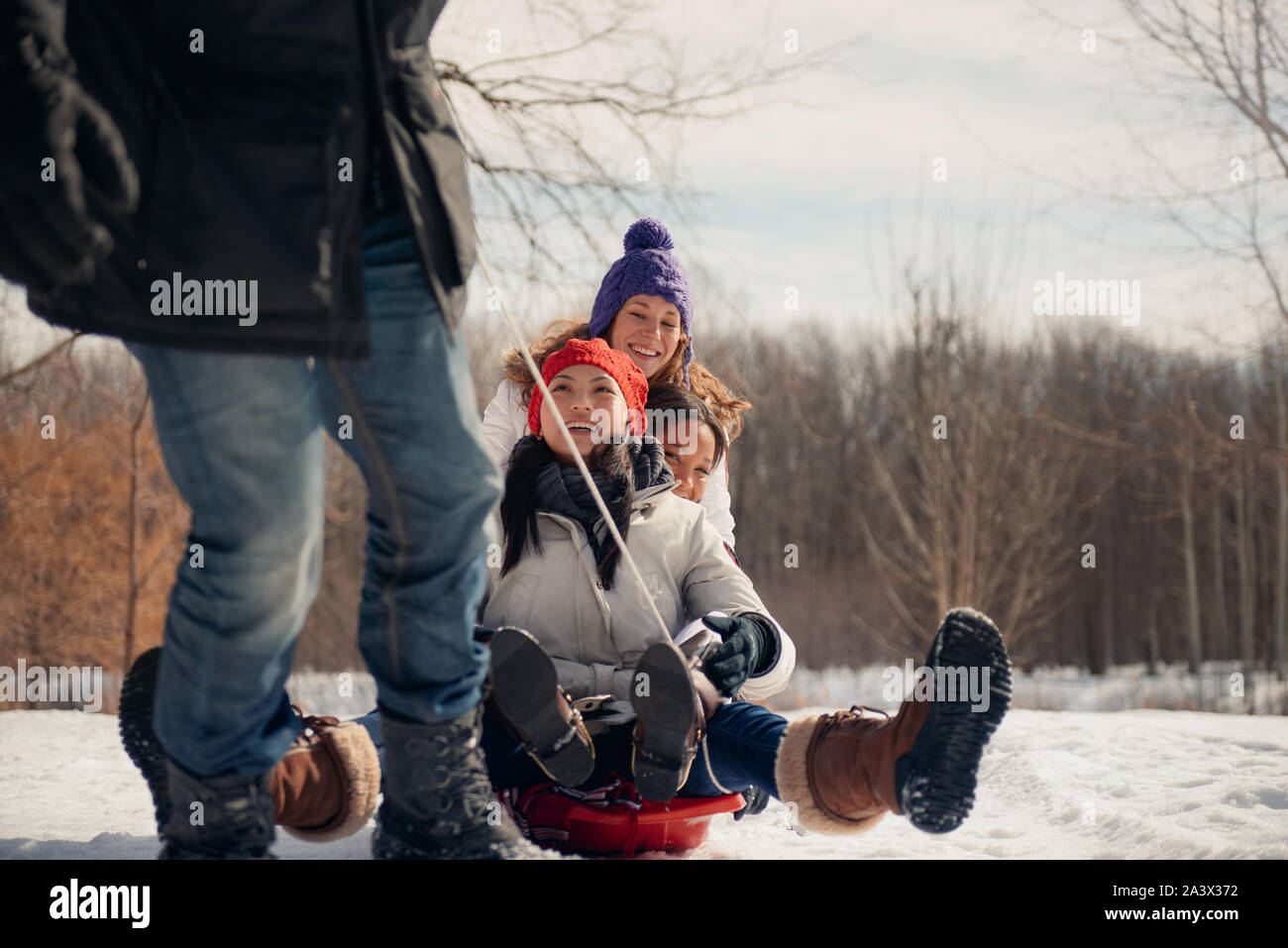 Group of millenial young adult friends enjoying wintertime and sledding in a snow filled park Stock Photo