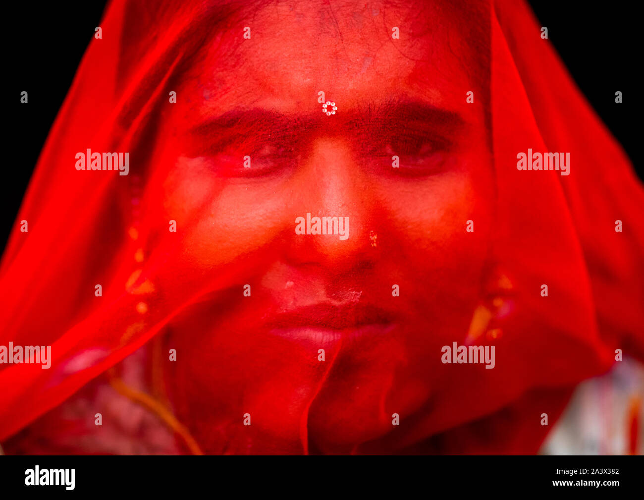 Portrait of a rajasthani woman hidding her face under a red sari ...