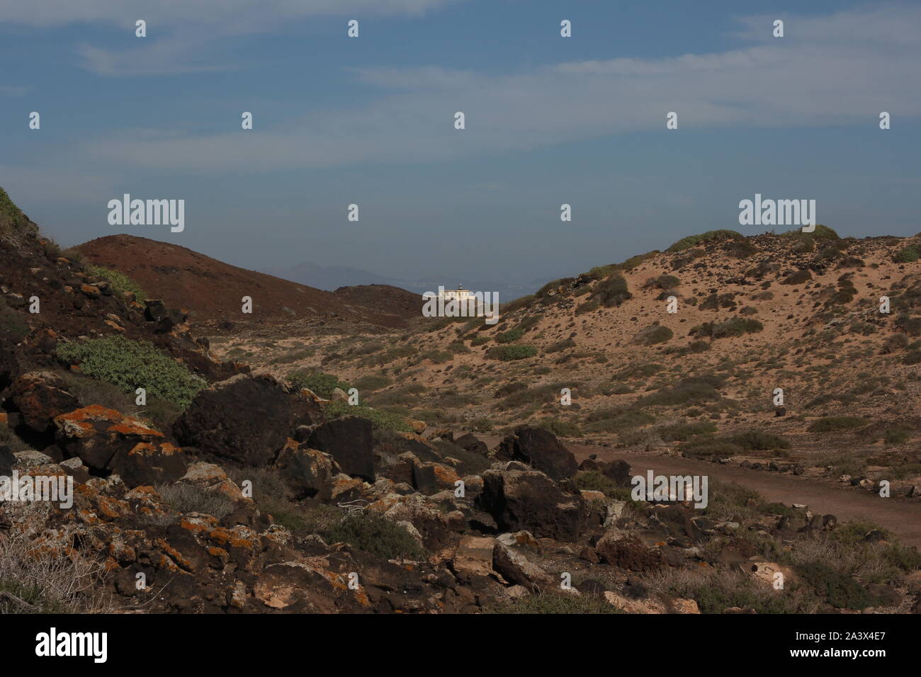 Distant view to the lighthouse Punta Martino on the island of Lobos, Fuerteventura Stock Photo