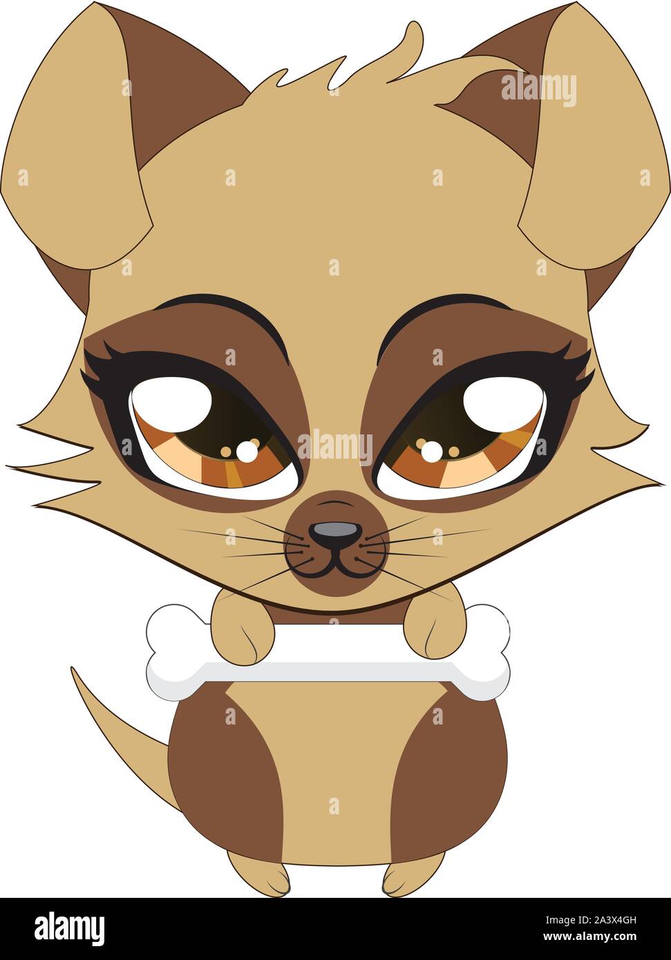 Cartoon illustration of cute cartoon little brown puppy holds bone ...