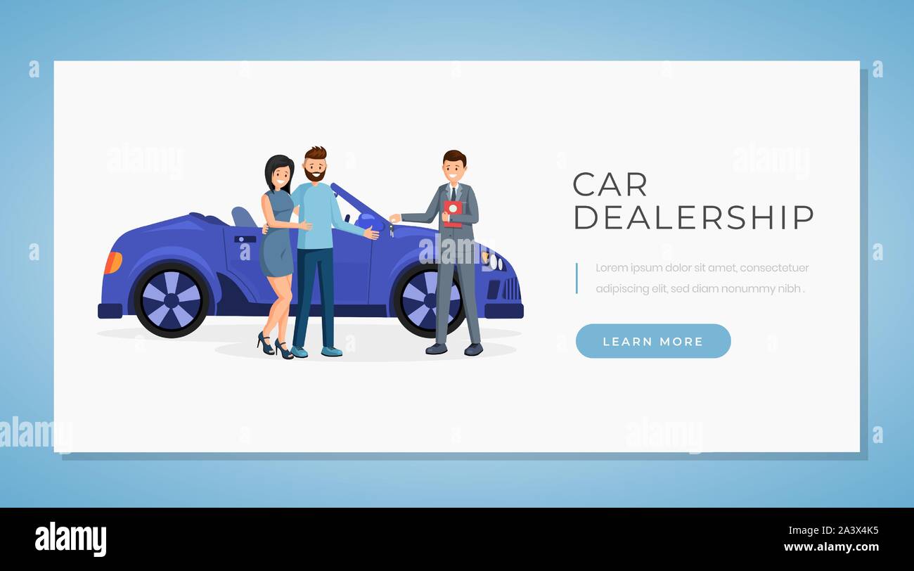 Car dealership web banner vector template. Transport retail business website landing page interface layout. Automobile showroom, rental service webpage, homepage cartoon concept with text space Stock Vector